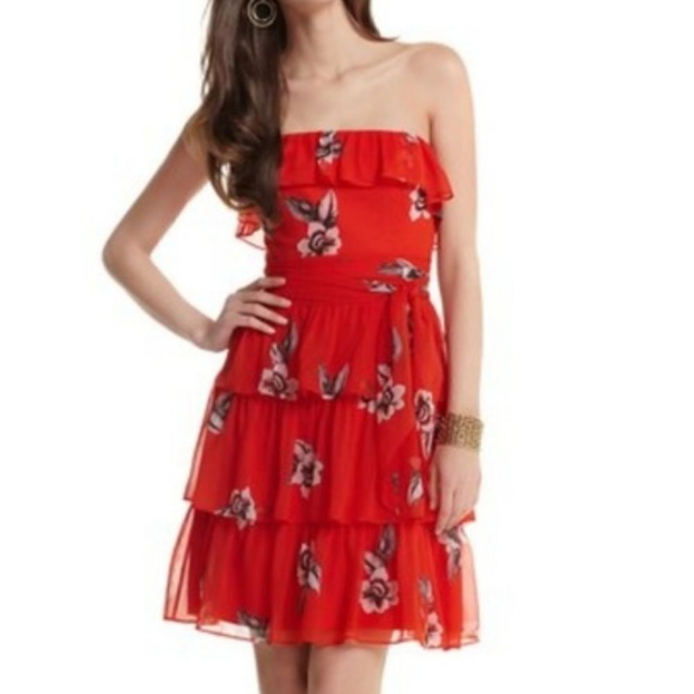 White House Black Market 4 Red Orange Floral Strapless Chiffon‎ dress